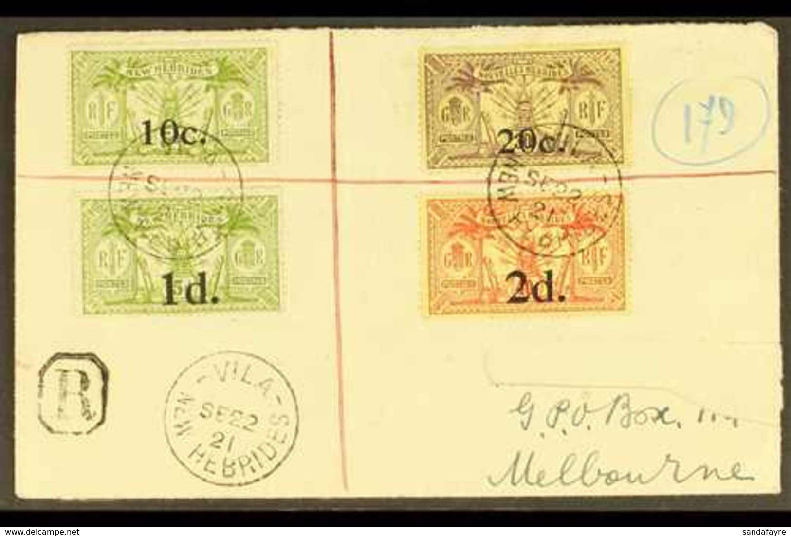 FRENCH  1921 Registered Cover To Melbourne Franked 10c On 5d And 20c On 30c, SG F36/7 Together With 1d On 5d And 2d On 4 - Sonstige & Ohne Zuordnung