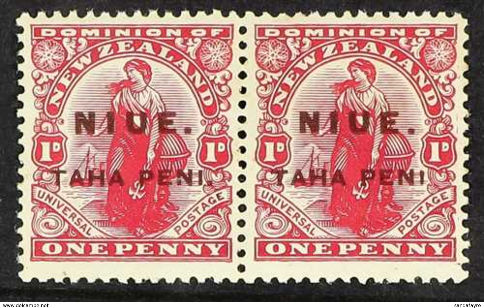 1917  1d Carmine Dominion, Horizontal Pair, One With No Stop After Pene, SG 21a, Fine Never Hinged Mint, A Rare Piece In - Niue