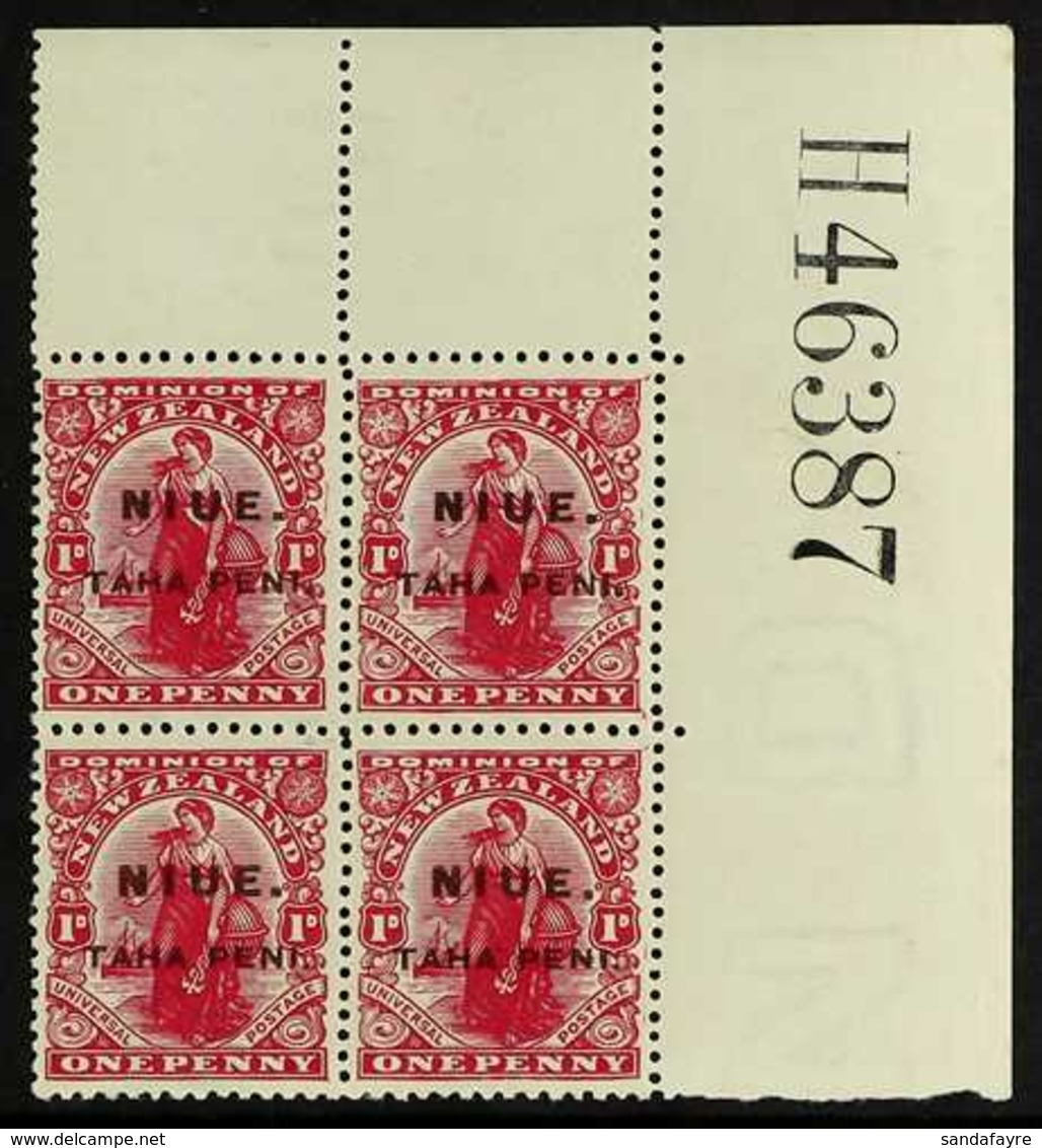 1917  1d Carmine Dominion, SG 21, Upper Right "H46387" Corner Block Of Four, The Stamps Never Hinged Mint. For More Imag - Niue