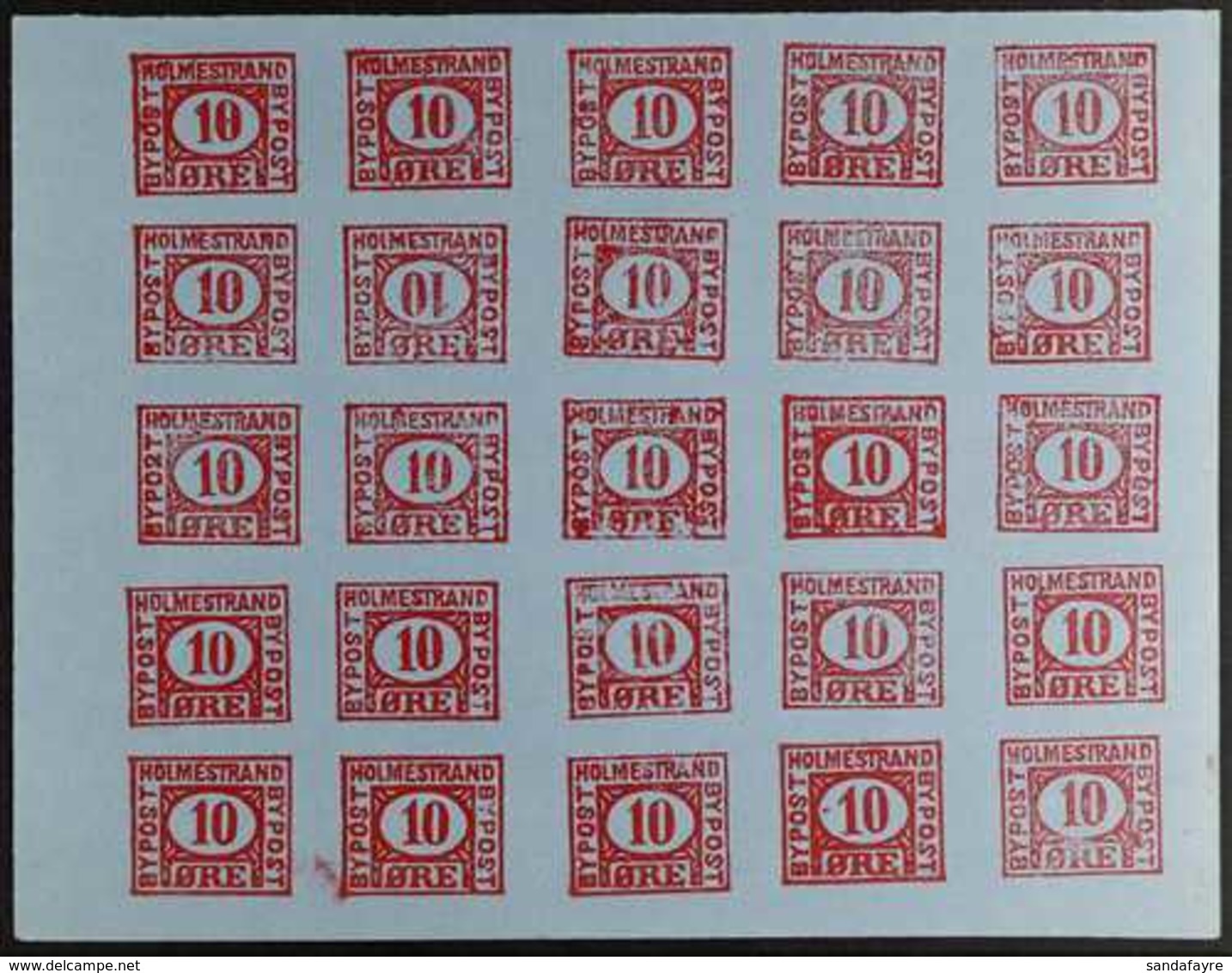 LOCAL BYPOST  HOLMESTRAND 1888 10o Red On Blue Complete IMPERF SHEET Of 25 Stamps, Unused No Gum As Issued, One Stamp Wi - Sonstige & Ohne Zuordnung