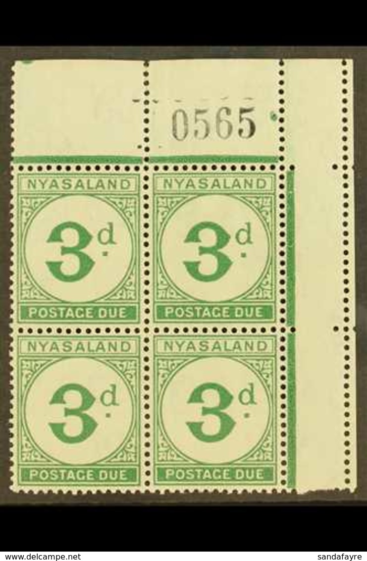 POSTAGE DUES  1950 3d Green, Sheet Number, Corner Block Of 4, SG D3, Never Hinged Mint, Few Split Perfs At Top. For More - Nyassaland (1907-1953)