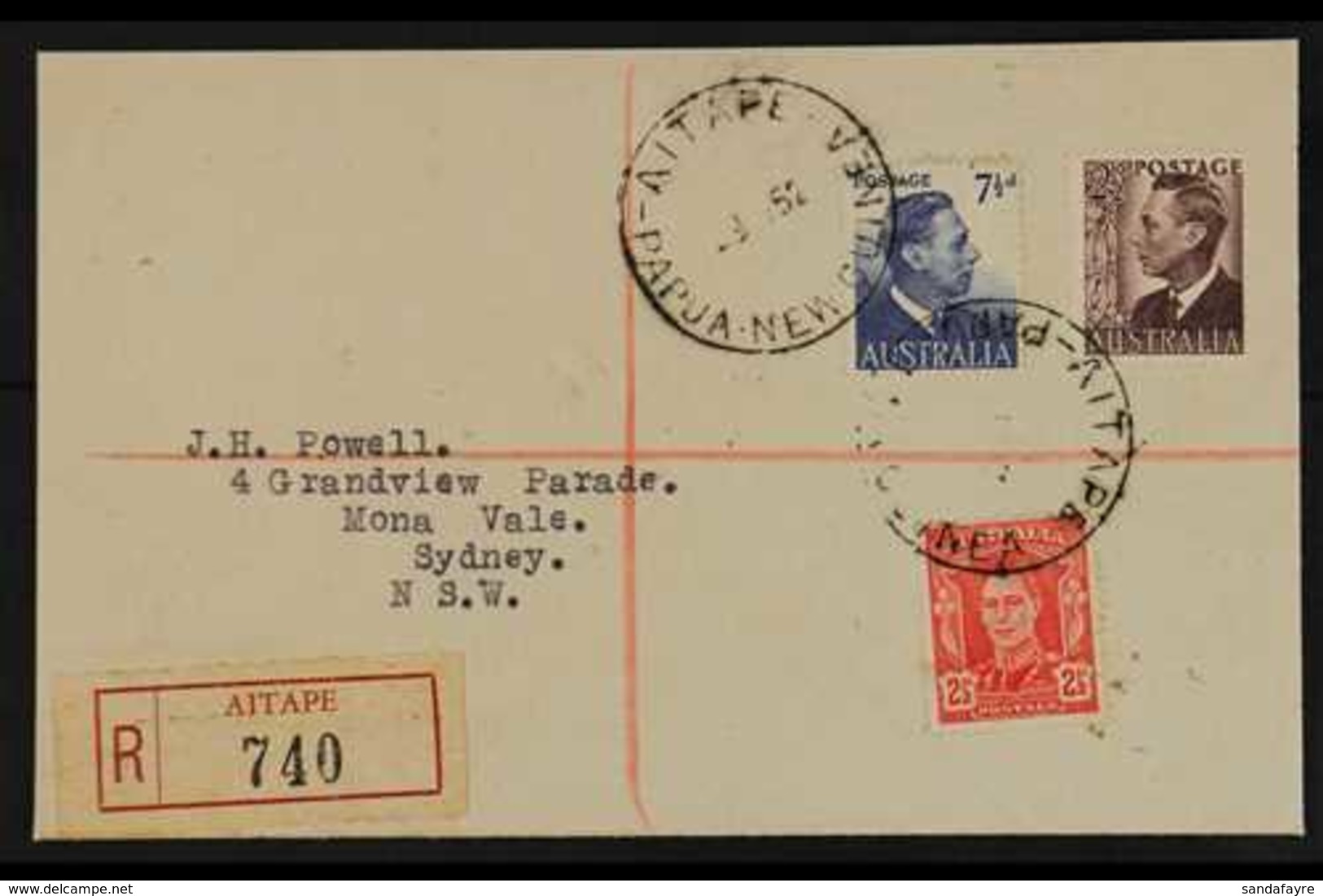 1952  (May) Neat KGVI Reg Envelope To UK, Bearing Australia KGVI 2½d (2) And 7½d Tied AITAPE Cds's, Sydney Transit Mark  - Papua-Neuguinea