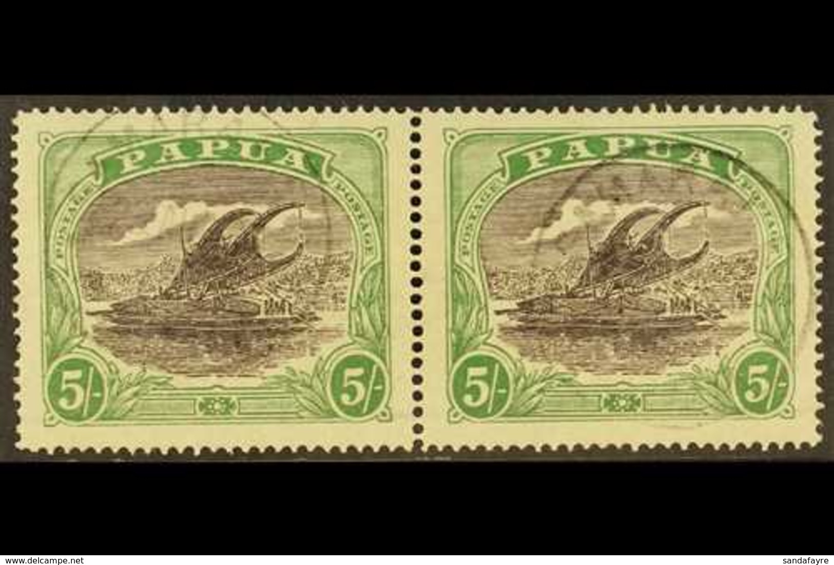 1916-31  5s Black And Deep Green Lakatoi, SG 1904, Horizontal Pair With Fine Samarai Cds's. For More Images, Please Visi - Papua-Neuguinea