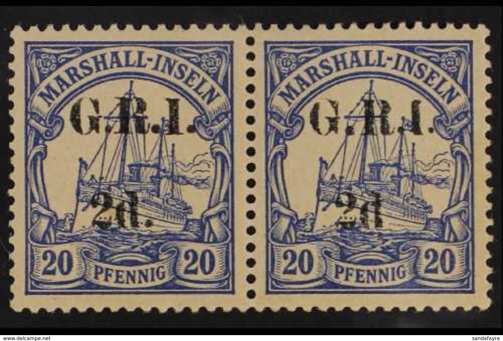 1914  "G.R.I." Surcharge On Stamps Of Marshall Islands 2d On 20pf Ultramarine Horizontal Pair, One Stamp With No Stop Af - Papua-Neuguinea