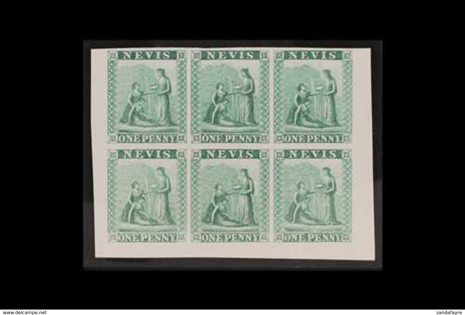 1862 IMPERF PROOFS.  1d Green (as SG 1) IMPERF COLOUR PROOFS BLOCK Of 6 (positions 7 To 12) Printed In Unissued Colour O - St.Christopher-Nevis & Anguilla (...-1980)