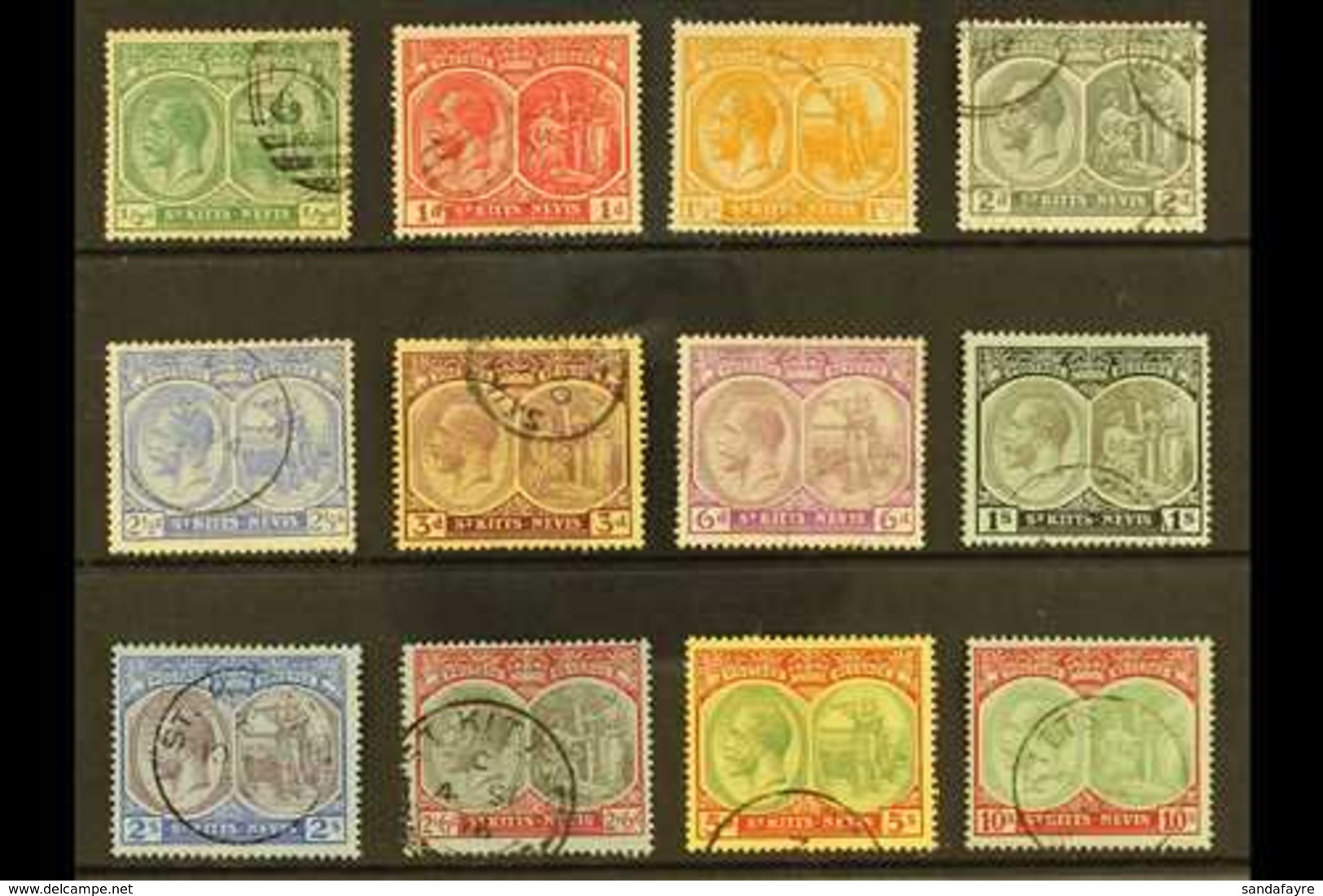 1920-22  Watermark Multi Crown CA Definitive Set Complete To 10s, SG 24/35, Fine Used, The 10s Is Very Fine. (12 Stamps) - St.Kitts Und Nevis ( 1983-...)