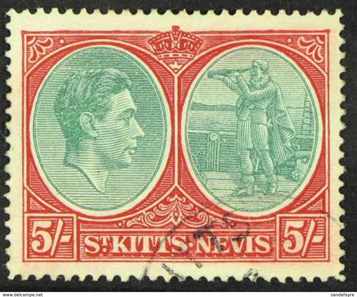 1938  5s Grey Green And Scarlet, Perf 14 On Ordinary Paper, Variety "break In Frame Above Ornament", SG 77bb, Very Fine  - St.Kitts Und Nevis ( 1983-...)