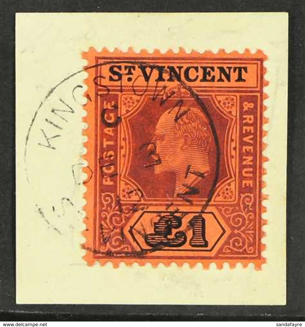 1904  £1 Purple And Black On Red, Wmk MCA, Ed VII, SG 93, Superb Used On Piece With Light Kingston Cds Cancel. For More  - St.Vincent (...-1979)