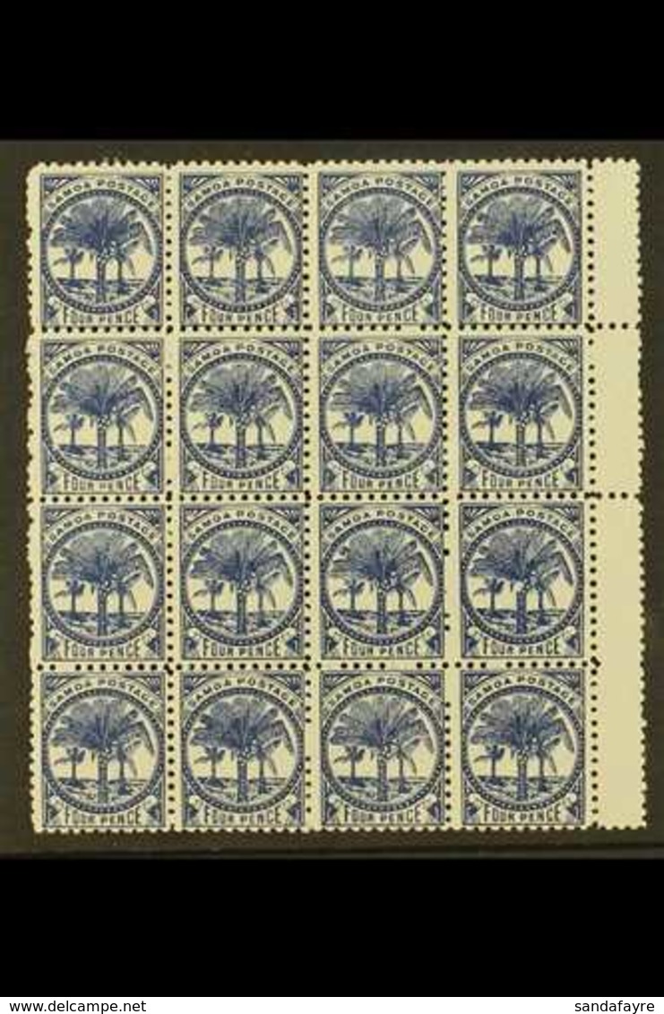 1886-1900  4d Deep Blue Palm Trees Watermark Type W 4b Perf 11, SG 61a, Never Hinged Mint Block Of 16 (4x4) With Gutter  - Samoa (Staat)