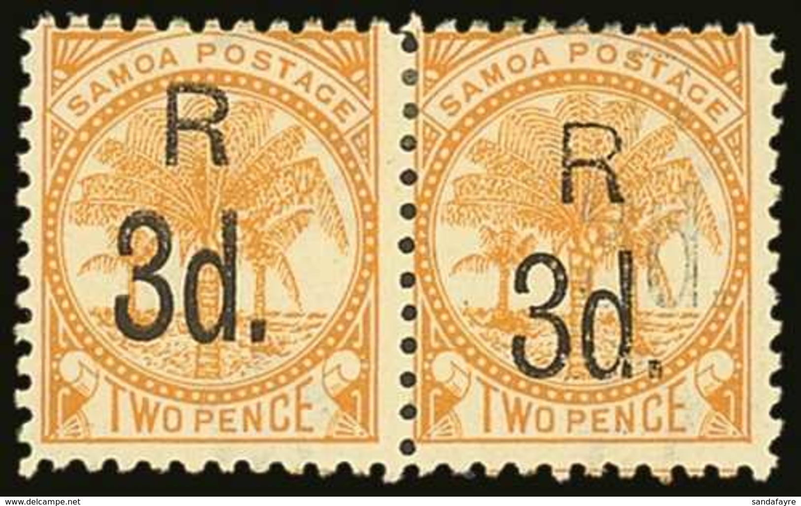 1895-1900  3d On 2d Yellow, Perf 11, PAIR WITH DOUBLE SURCHARGE VARIETY On One Stamp, SG 76a, Odenweller OB3fR1(z), Fine - Samoa (Staat)