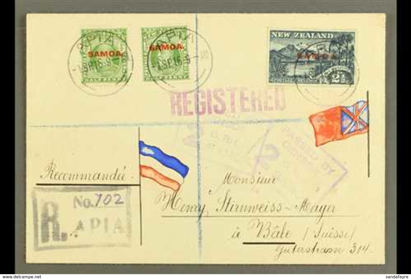 1916  Registered Cover To Switzerland, Franked ½d X2 & 2½d, SG 115, 118, Apia 01.09.16 Postmarks, Censor "2" Cachets App - Samoa (Staat)