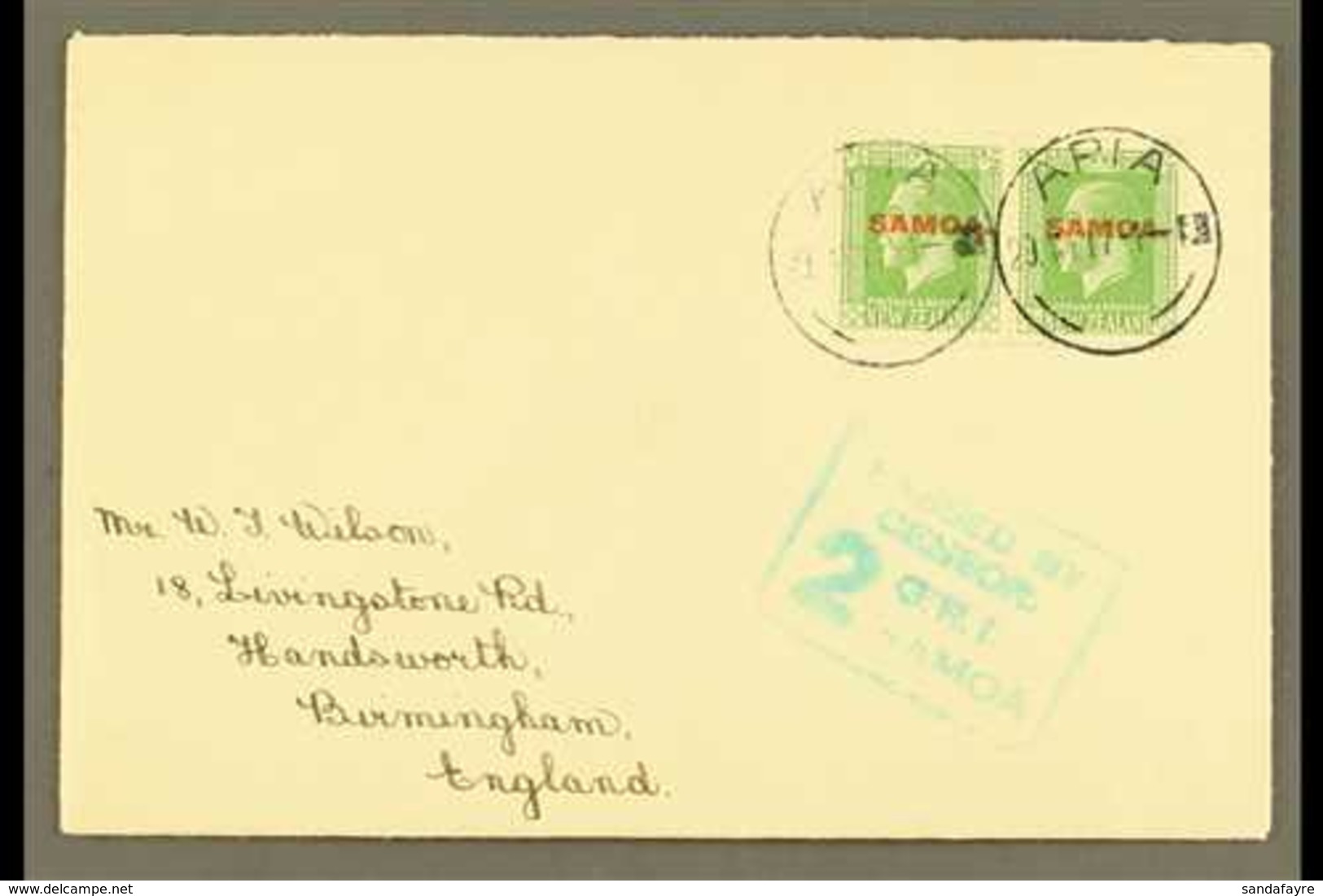 1917  (29 May) Censored Cover To England, Bearing 1914-15 ½d Opt Pair (SG 134) Tied By "Apia" Cds's, Plus Boxed "Passed  - Samoa (Staat)