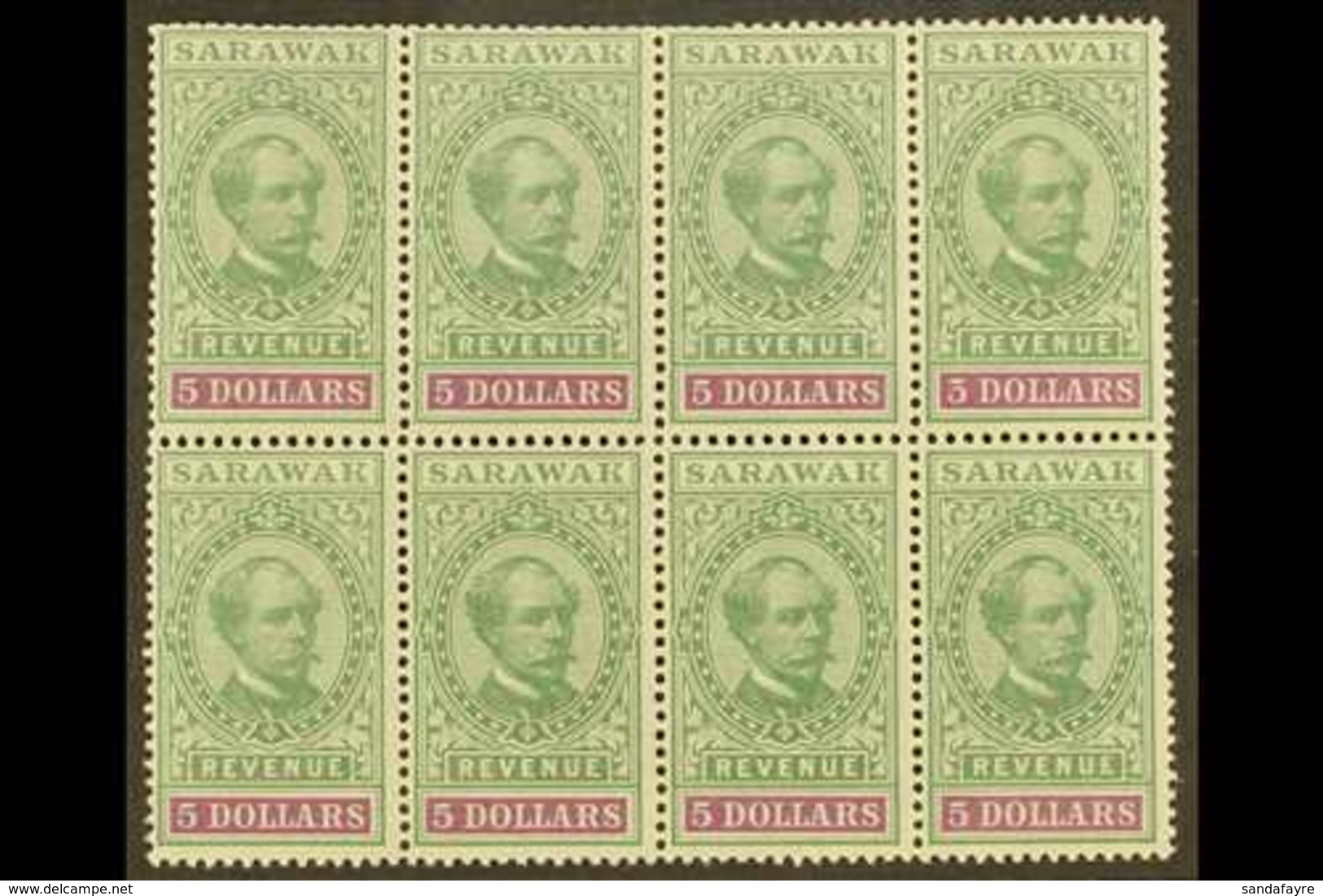 REVENUE STAMPS  1900 $5 Green And Mauve (Barefoot 28, Tan R9) - A Never Hinged Mint BLOCK OF EIGHT (4 X 2). Attractive A - Sarawak (...-1963)