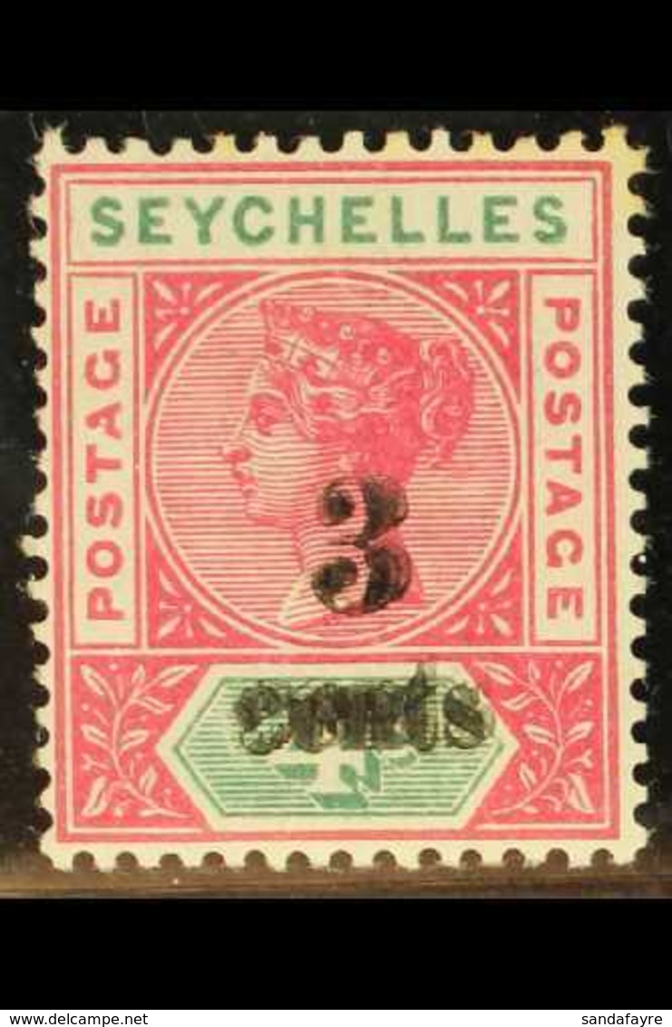 1893  3c On 4c Carmine And Green, Surcharge Double, SG 15b, Mint With Some Toning, Royal Certificate. For More Images, P - Seychellen (...-1976)