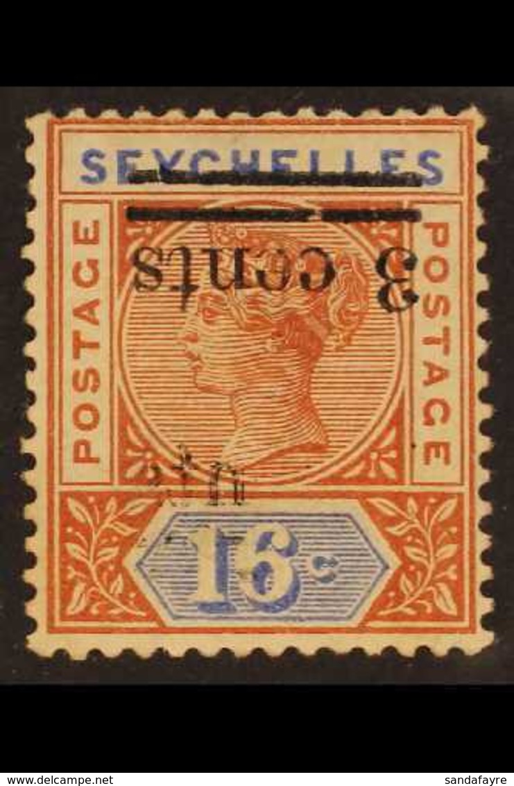 1901  3c On 16c Chestnut And Ultramarine, SURCHARGE INVERTED, SG 38a, Unused, With Unusual Partial Offset On Front Due T - Seychelles (...-1976)