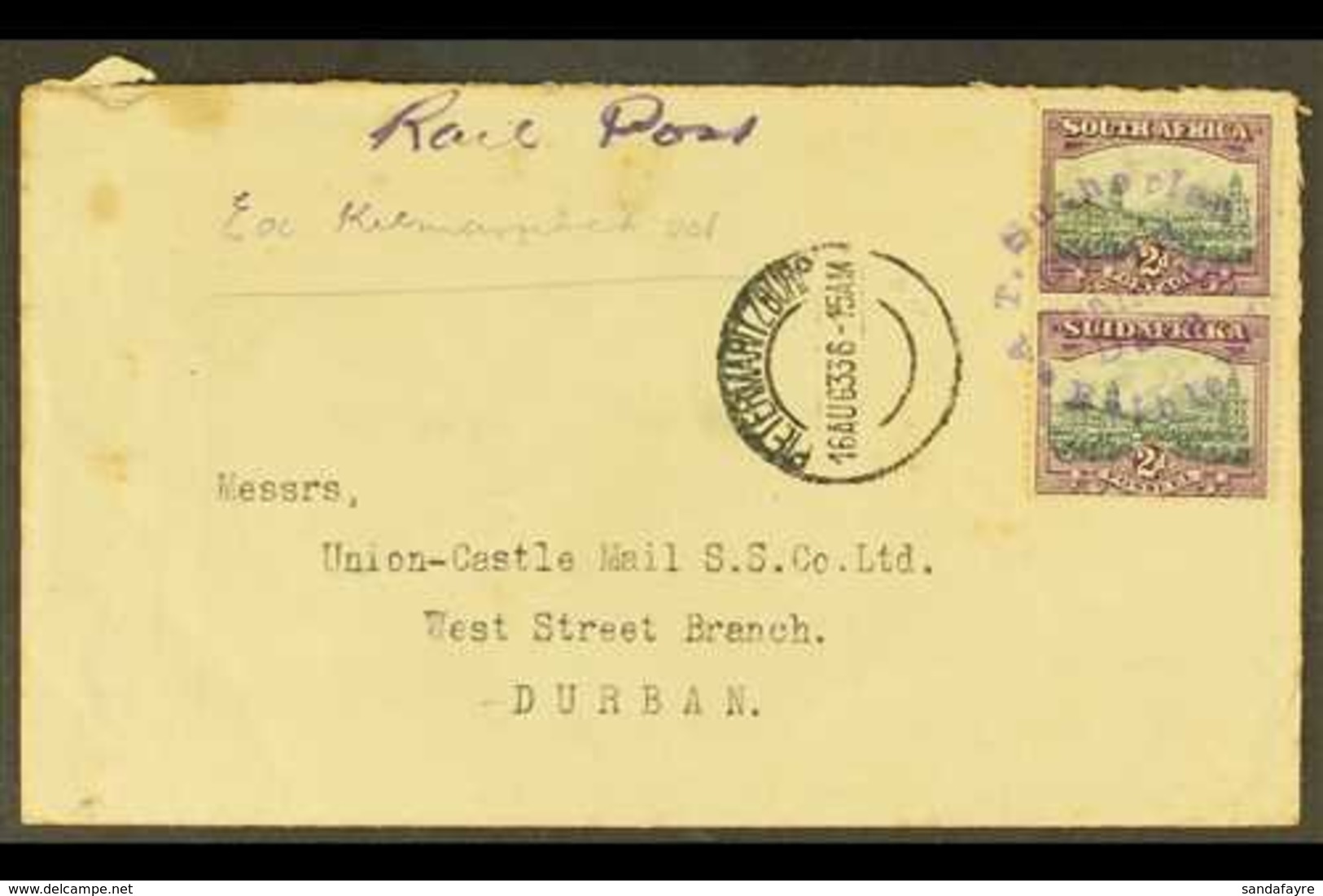 1933 "RAIL POST" COVER  1933 (16 Aug) Cover To Durban, Endorsed "Rail Post", Bearing 2d Vertical Pair Tied By "A.T.Suthe - Ohne Zuordnung