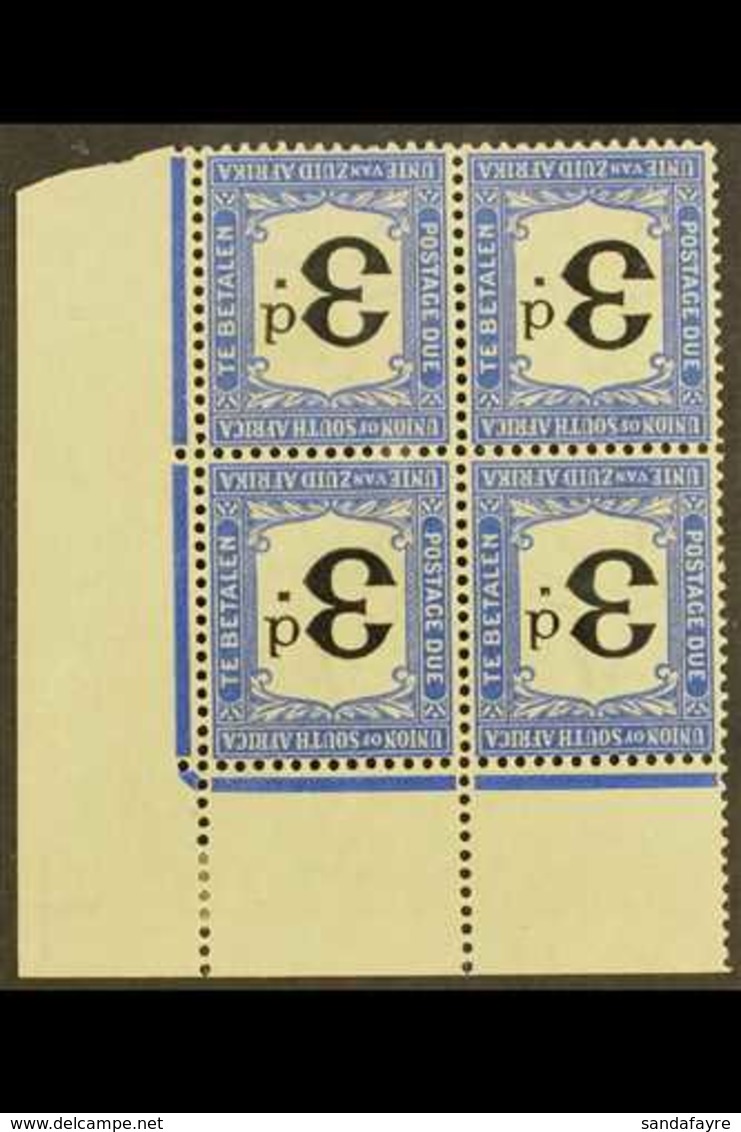 POSTAGE DUES  1914-22 3d Black & Bright Blue, WATERMARK INVERTED In Corner Marginal Block Of 4, SG D4w, Hinged On Margin - Unclassified