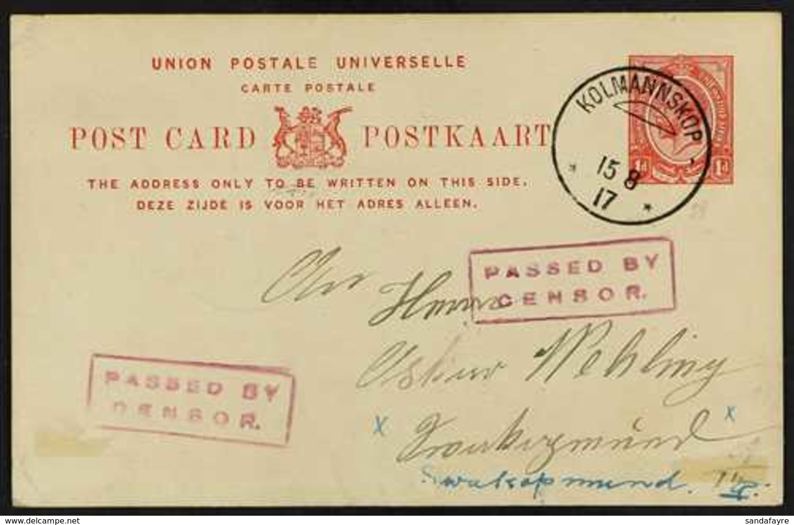 1917 CENSOR CARD  (15 Aug) 1d Union Postal Card To Swakopmund Cancelled Very Fine "KOLMANNSKOP" Cds (Putzel Type B3) Wit - Südwestafrika (1923-1990)