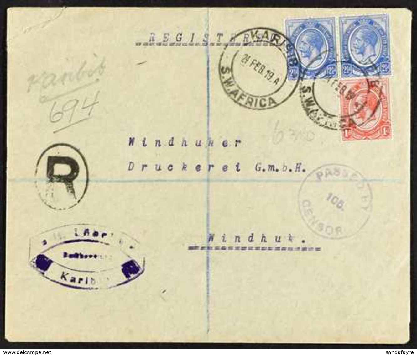 1919  (24 Feb) Registered Cover To Windhoek Bearing South Africa KGV 2½d Pair And 1d "KARIBIB / S.W, AFRICA" Cds's; Alon - Südwestafrika (1923-1990)