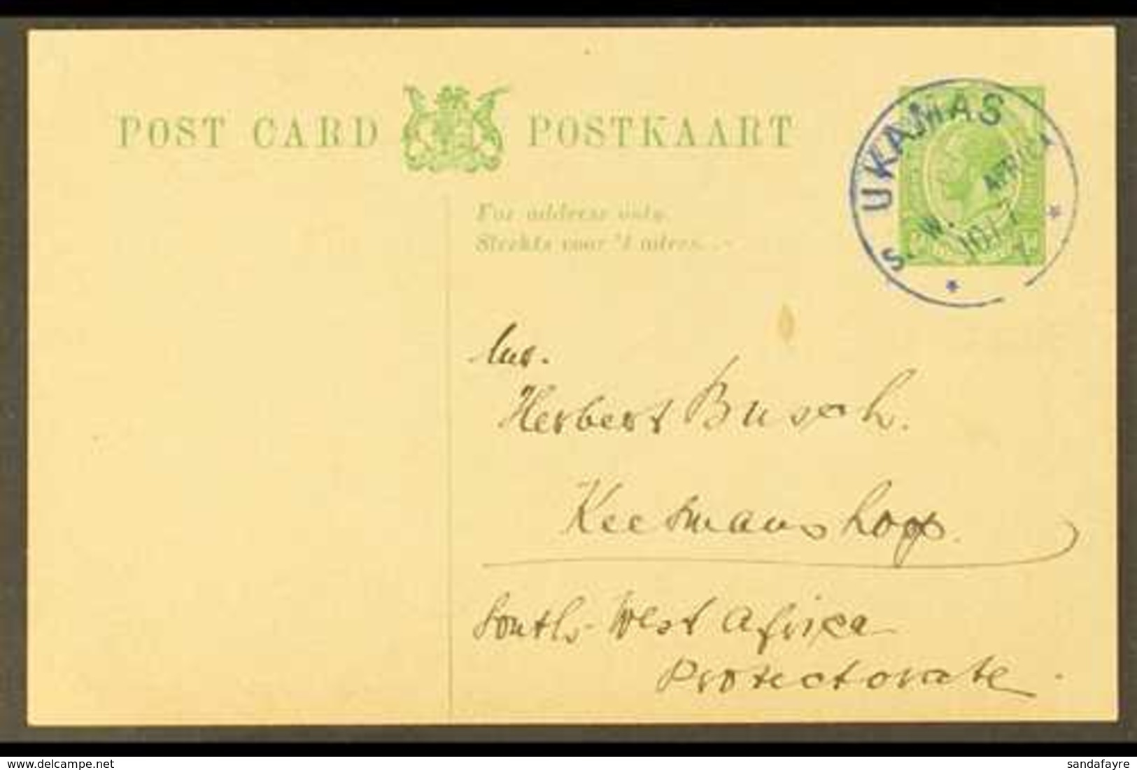 FORERUNNER  1917 (10 Jul) ½d South Africa Union Stationery Postcard To Keetmanshoop  With Very Fine "UKAMAS" C.d.s. Stru - Südwestafrika (1923-1990)