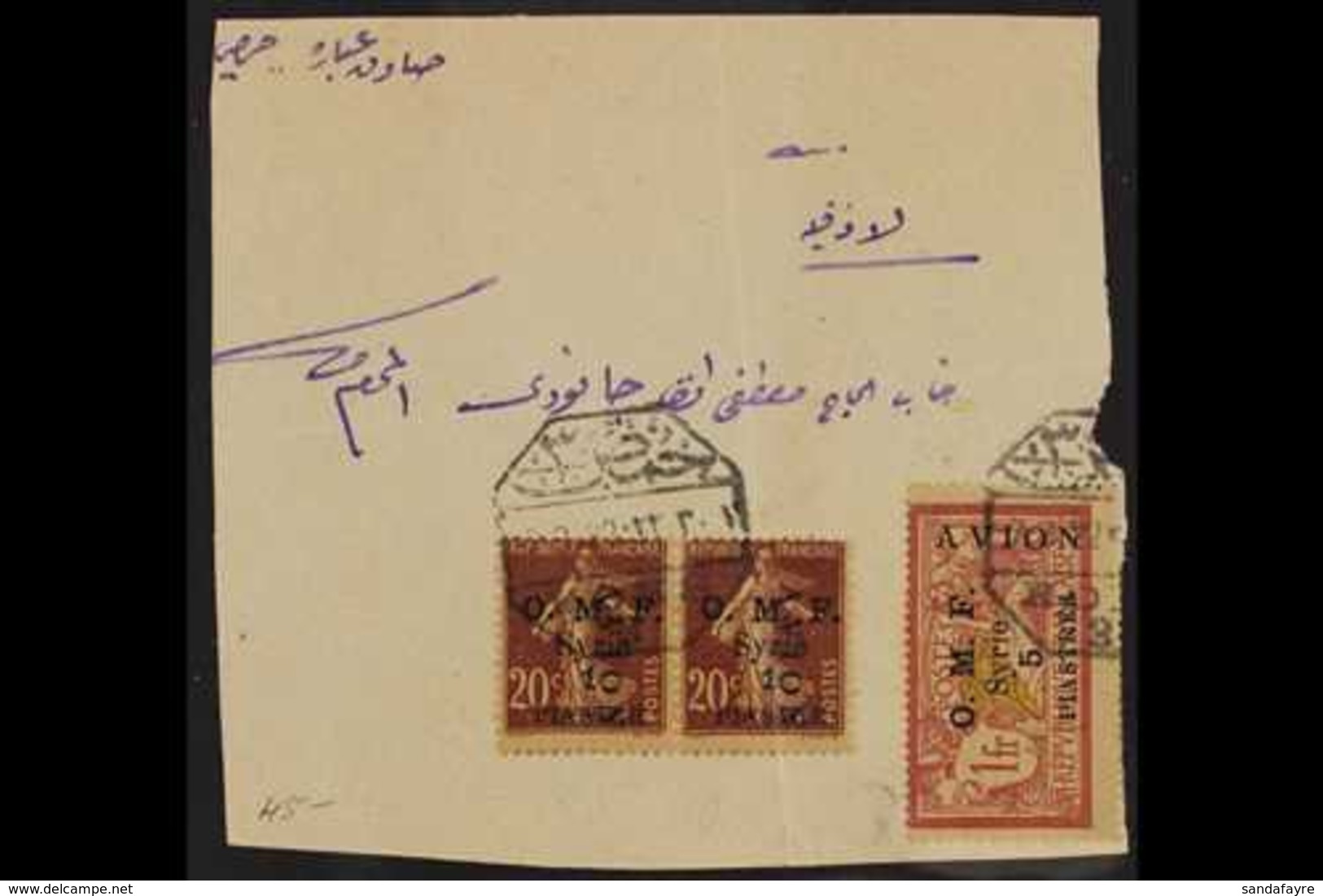 1921  1p On 20c Pair, (one With Crease) And 5pi On 2p Airmails, SG 86, 87, On Large Piece With "OMS" Arabic Cancels. For - Syrien
