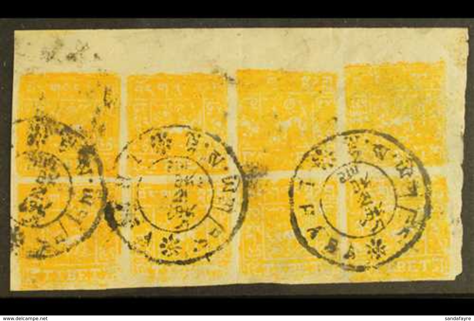 1933  ½t Orange, Imperf, SG 9B, Used Block Of 8, Fine Used. Full Margins To 3 Sides, A Little Wear To The Bottom Edge. S - Tibet