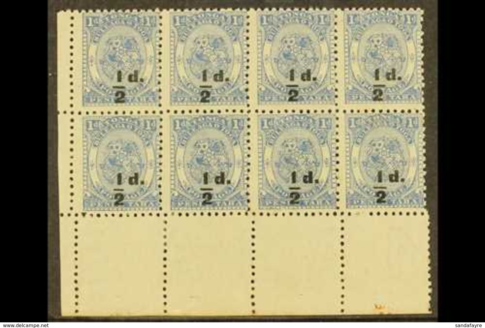 1893  ½d On 1d Dull Blue Surcharge In Black, SG 19, Fine Unused No Gum Lower Left Corner BLOCK Of 8, Fresh & Attractive. - Tonga (...-1970)