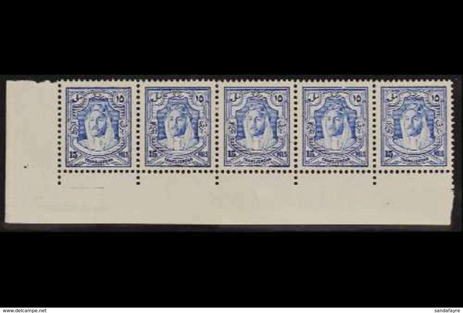 1930-39  15m Ultramarine, Perf 13½ X 13, SG 200b, Lower Marginal Fine Mint STRIP OF FIVE, Three Stamps Never Hinged Mint - Jordanien