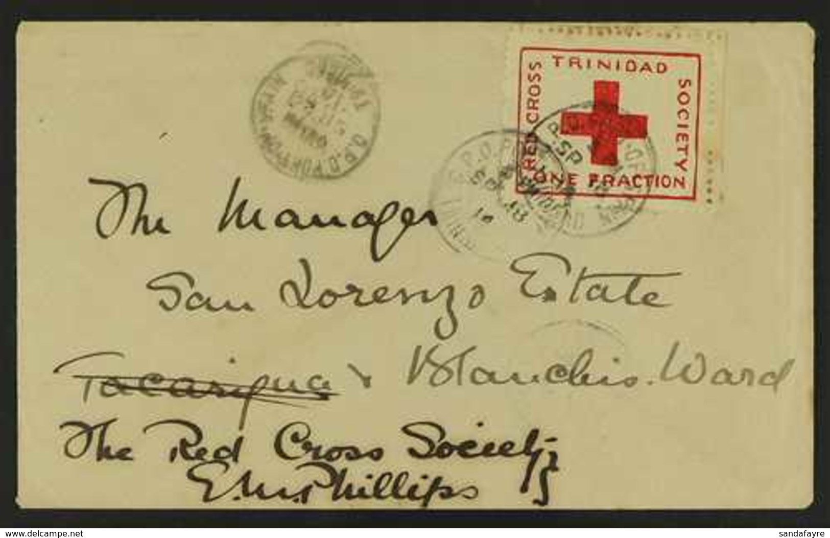 1914 RED CROSS LABEL  (½d) Red Label Authorised For Postage, SG 157, tied On Envelope To The San Lorenzo Estate. Fine. F - Trinidad & Tobago (...-1961)