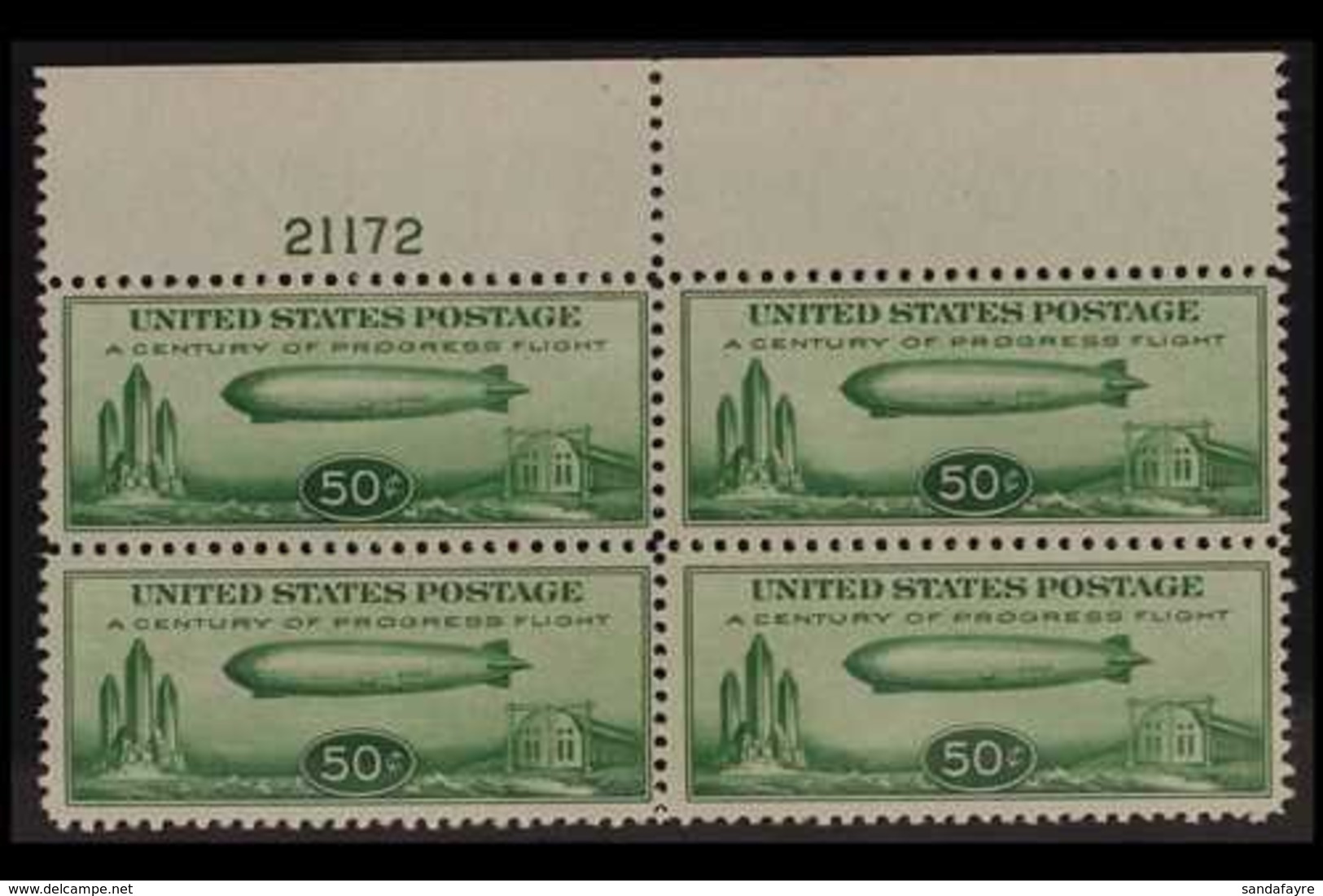 1933  50c Green Graf Zeppelin Air Post, Scott C18 (SG A732) Never Hinged Mint BLOCK OF FOUR WITH PLATE NUMBER For More I - Sonstige & Ohne Zuordnung
