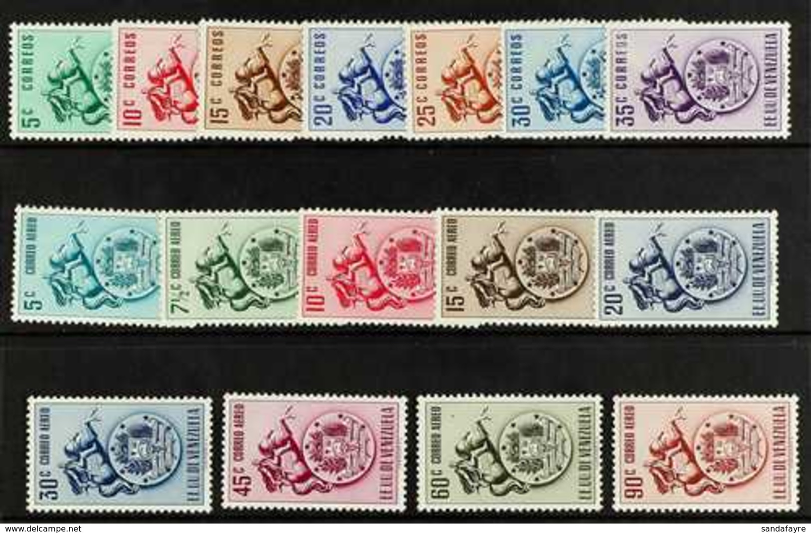 1951  National Coat Of Arms Of Venezuela Postage & Air Complete Sets (SG 922/28 & 929/37, Scott 499/505 & C383/91), Very - Venezuela