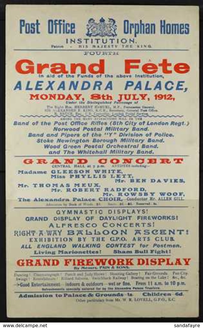 1912 "POST OFFICE ORPHAN HOMES" PRINTED NOTICE  Advertising A Grand Fete With Concert And Firework Display At Alexandra  - Sonstige & Ohne Zuordnung