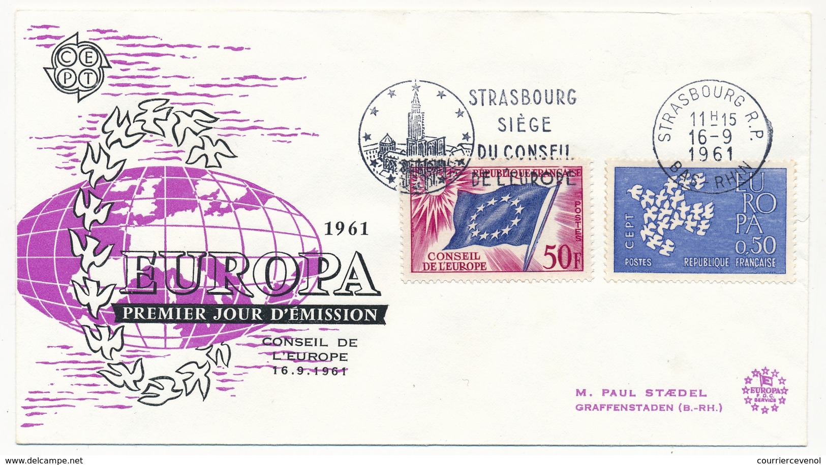 FRANCE - Env Ill OMEC "Strasbourg Siège Du Conseil De L'Europe" - 50F Service + 0,50 Europa - 16/9/1961 - 1961