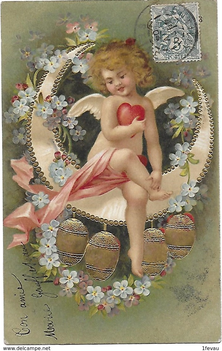 CPA Fantaisie Ange Sur Un Croissant De Lune Avec Cœur Et œufs Gaufrée 1904 - Anges