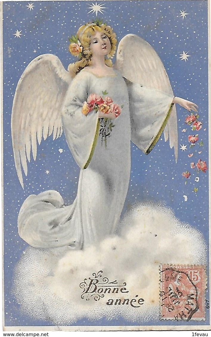 CPA Fantaisie Ange Avec Bouquet De Fleurs Dans Nuit étoilée Au Dessus Des Nuages Gaufrée 1902 - Anges