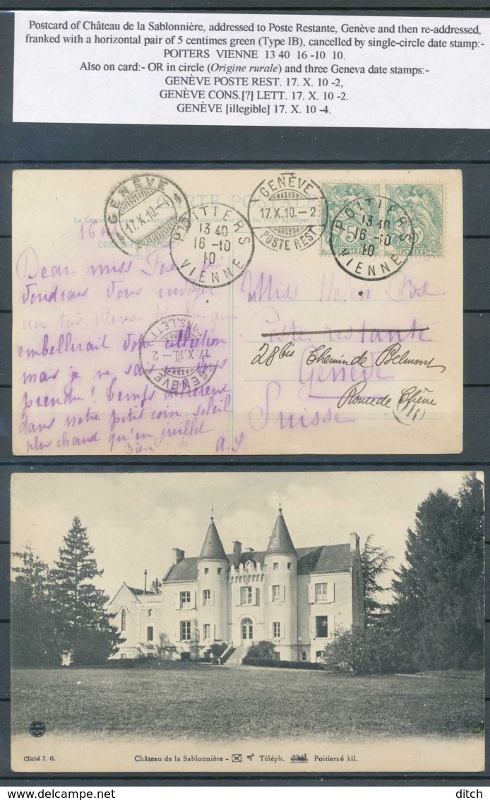 D - [106716]TB//-N° 111, 5c Vert, Blanc Type IB En Paire, Obl Simple Cercle 'POITIERS - VIENNE' + 2 Obl Différentes De ' - 1900-29 Blanc