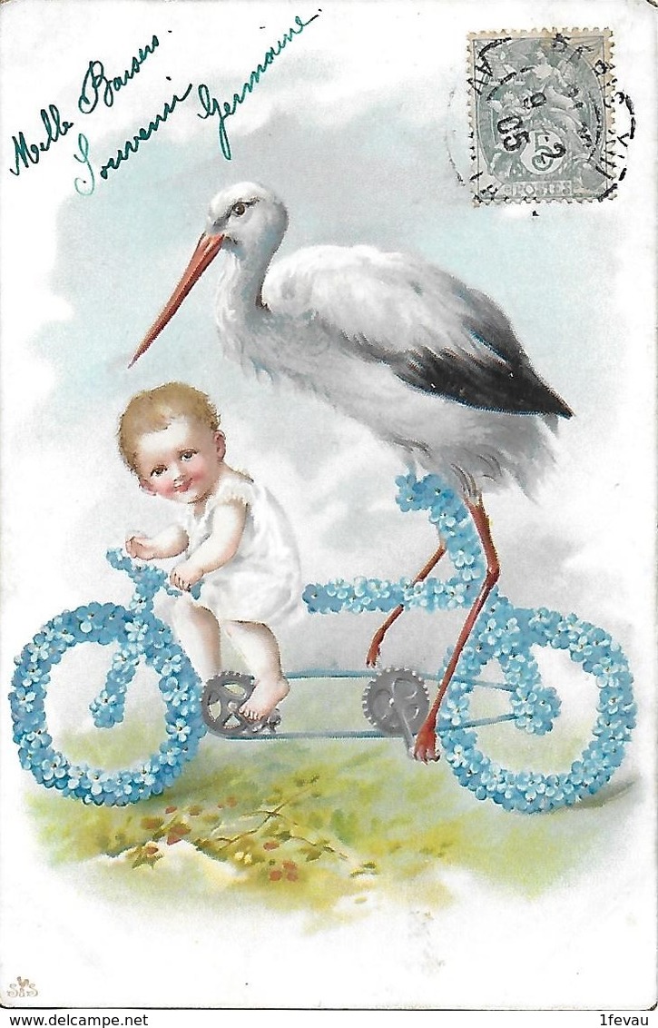 CPA Fantaisie Jeune Garçon Bébé Cigogne Et Myosotis 1905 - Birds