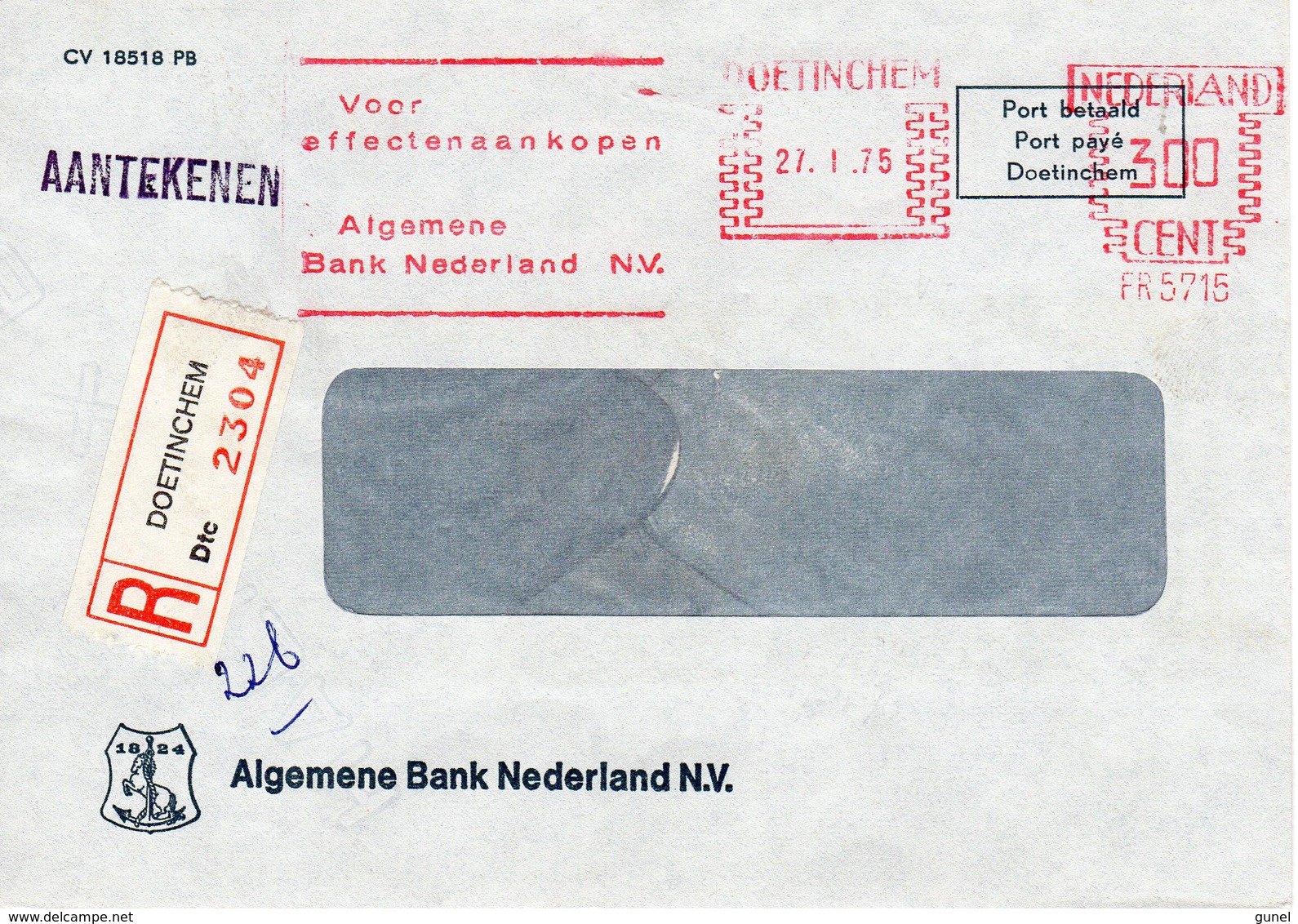 27 I 75 Roodfrankering  DOETINCHEM Op Aangetekende  Vensterenvelop - Postal History