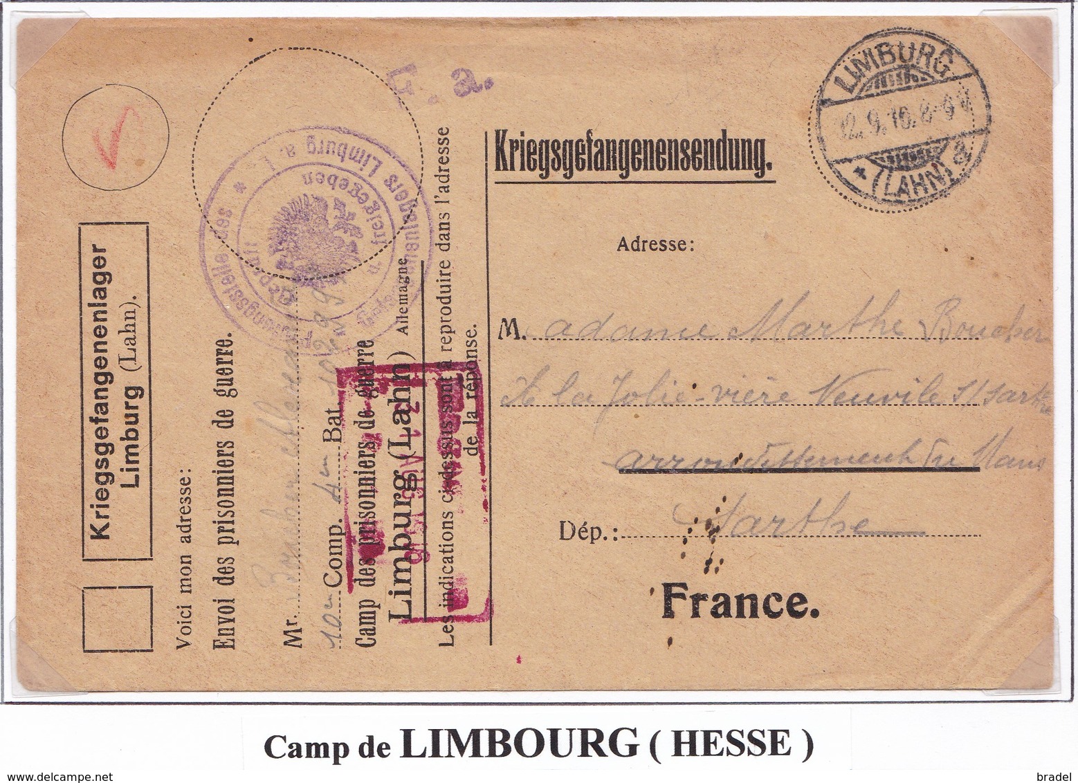 Enveloppe De Franchise Prisonniers De Guerre De Limburg Lahn PourNeuville Sur Sarthe 1916 - Guerra De 1914-18