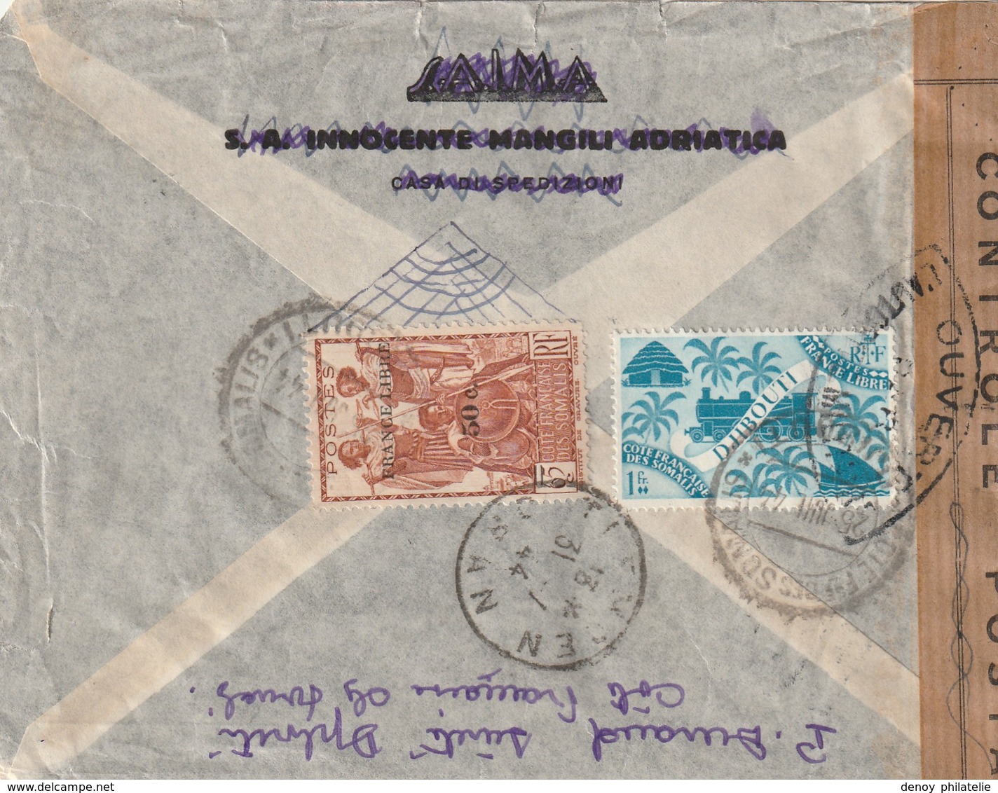 Cote Des Somalis Lettre Recommandée Et Censuré 25 Juin 1944 Pour Tlemcen - Brieven En Documenten
