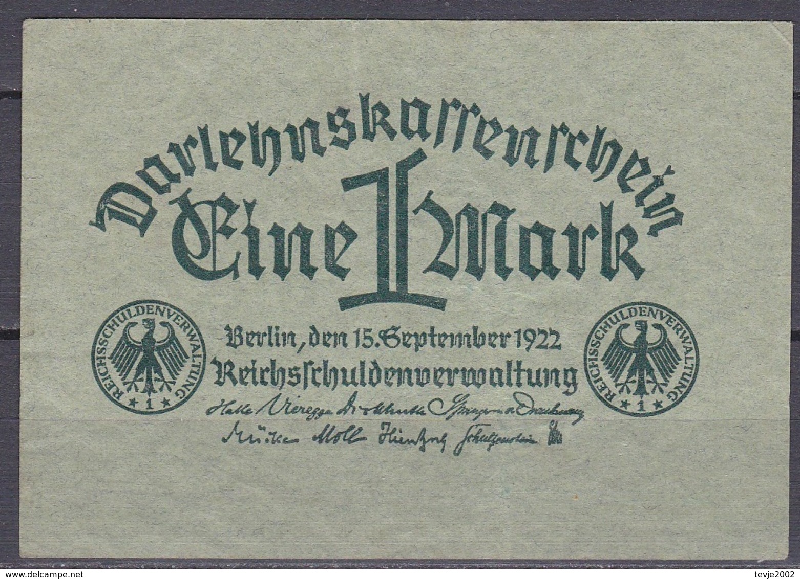 Darlehnskassenschein 1 Mark - 1922 - Gebraucht - Administración De La Deuda