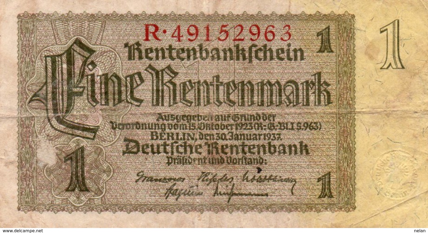 GERMANY-  1 RENTENMARK 1937  P-173b.1   CIRC. - Otros & Sin Clasificación