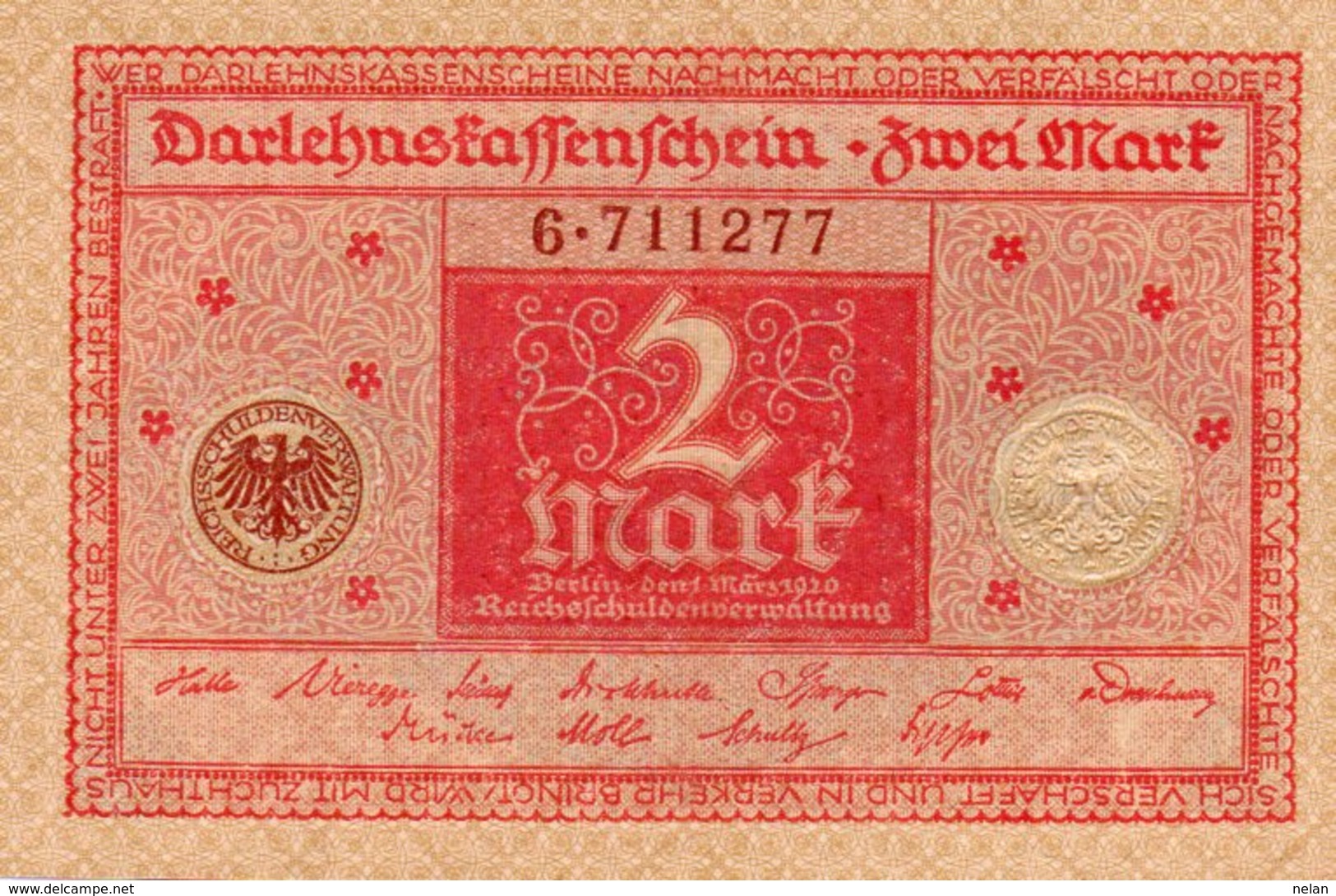 GERMANY-  2 MARK 1920  P-59   UNC - 2 Rentenmark