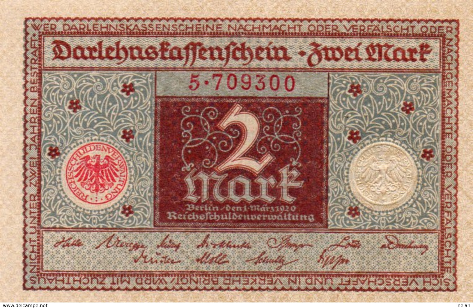 GERMANY-  2 MARK 1920  P-60   UNC - 2 Rentenmark