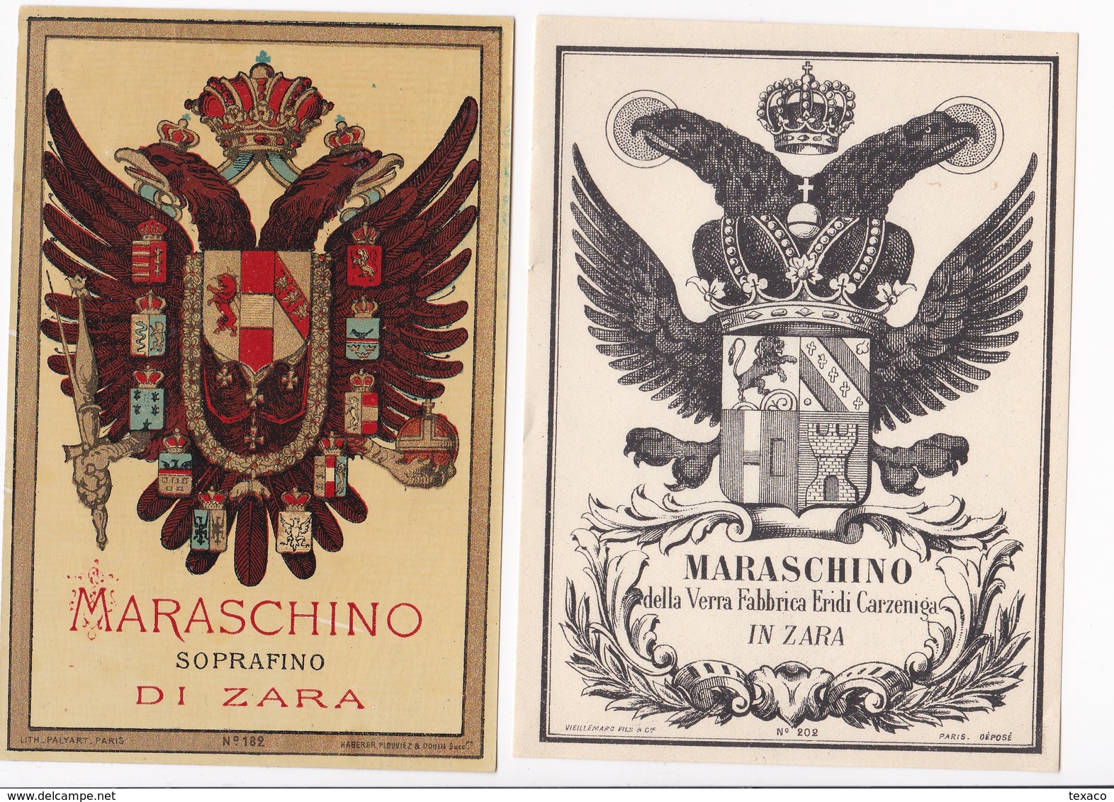 2 Superbes étiquettes Anciennes MARASCHINO Soprafino DI ZARA.- Litho Chromo Vernie PALYART Et Vieillemard Et Fils - Autres & Non Classés