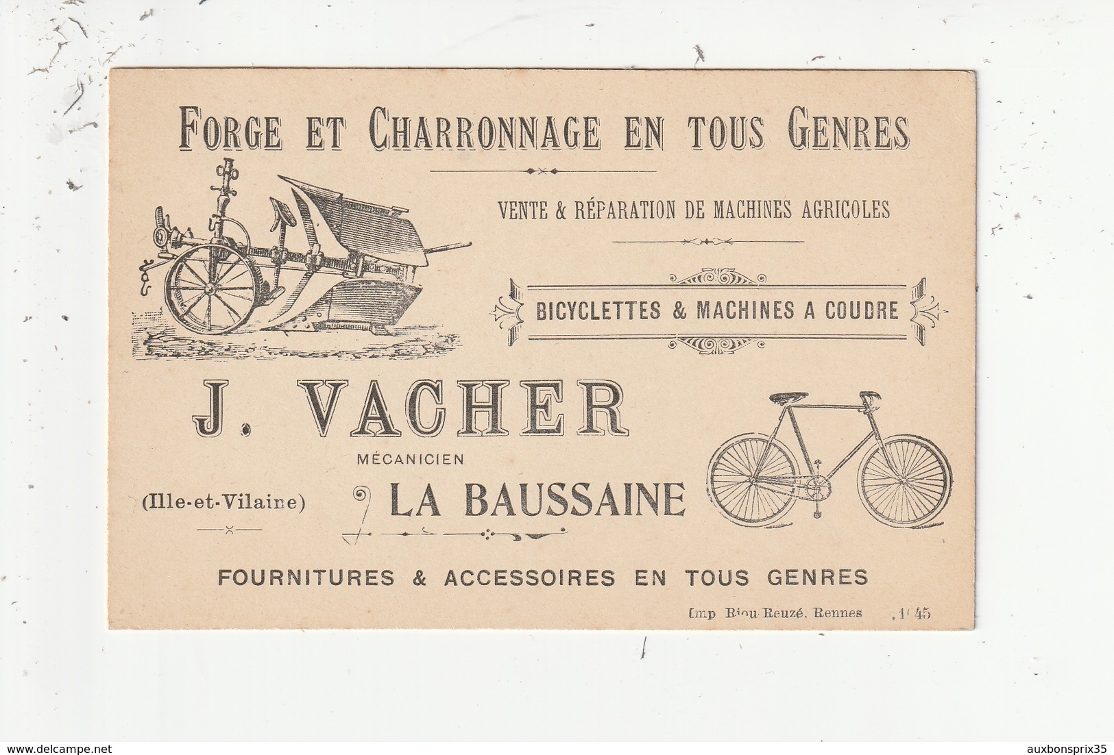 LA BAUSSAINE - J. VACHER - FORGE - MECANICIEN -VENTE ET REPARATION MACHINES AGRICOLES, BICYCLETTE ET MACHINE A COUDRE-35 - Cartoncini Da Visita