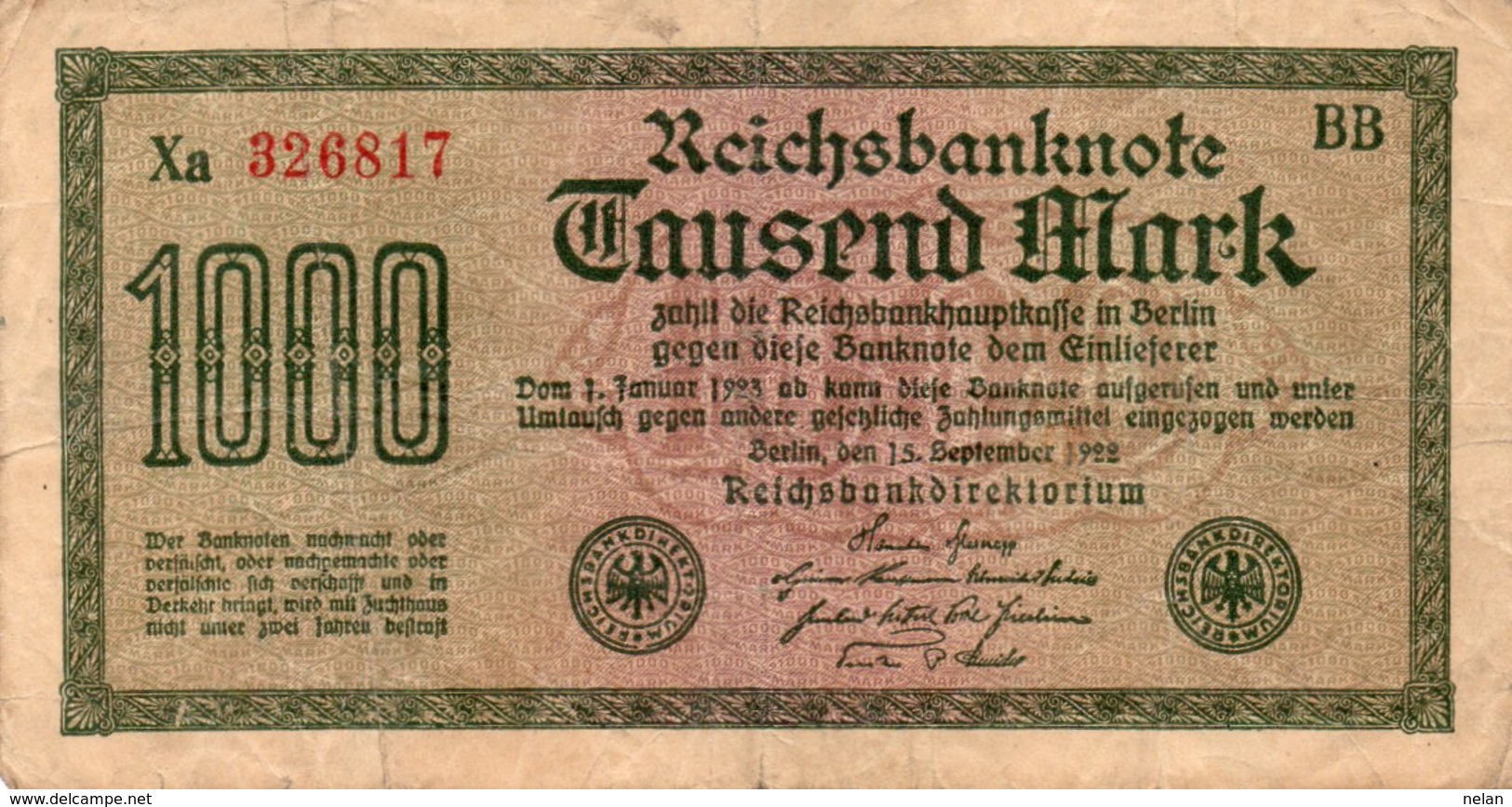 GERMANY-  1000 MARK 1922  P-76b   CIRC.   Filigran DORNEN - 1000 Mark