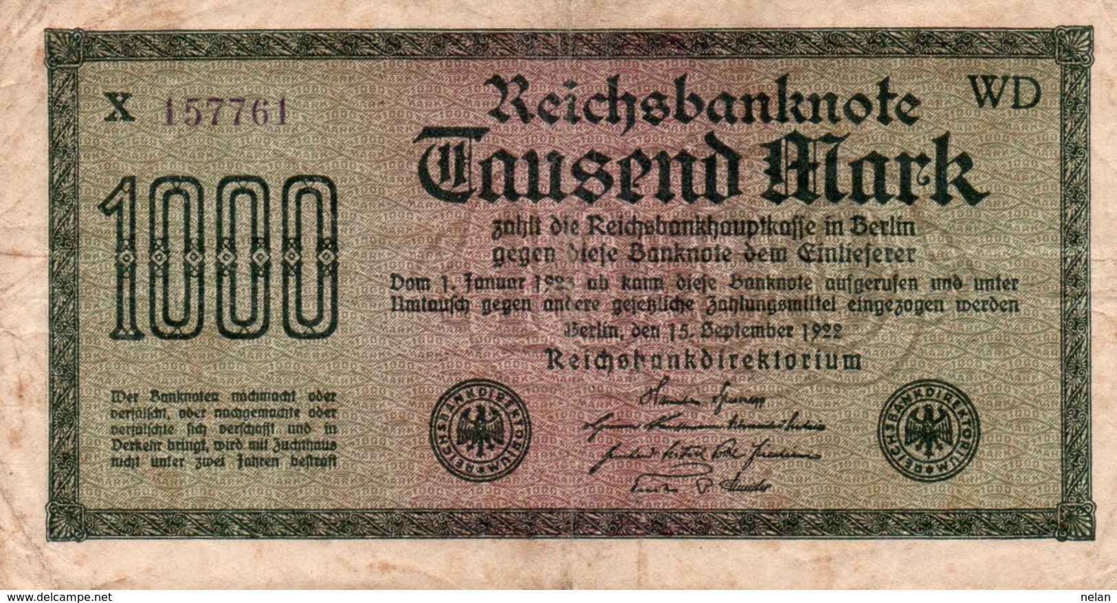 GERMANY-  1000 MARK 1922  P-76d.2a   CIRC.   Filigran -Kreuzblüten-serie X 157761 - 1000 Mark