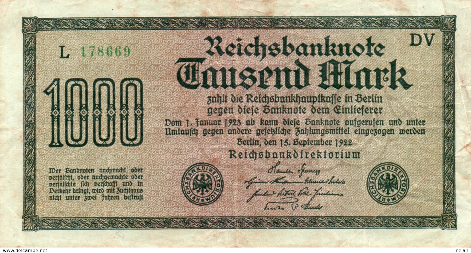 GERMANY-  1000 MARK 1922  P-76h.2   CIRC.   Filigran --Wielecke  --serie L 178669 - 1000 Mark