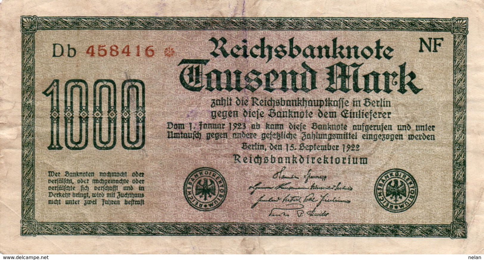 GERMANY-  1000 MARK 1922  P-76c  CIRC.   Filigran --Maander - 1000 Mark